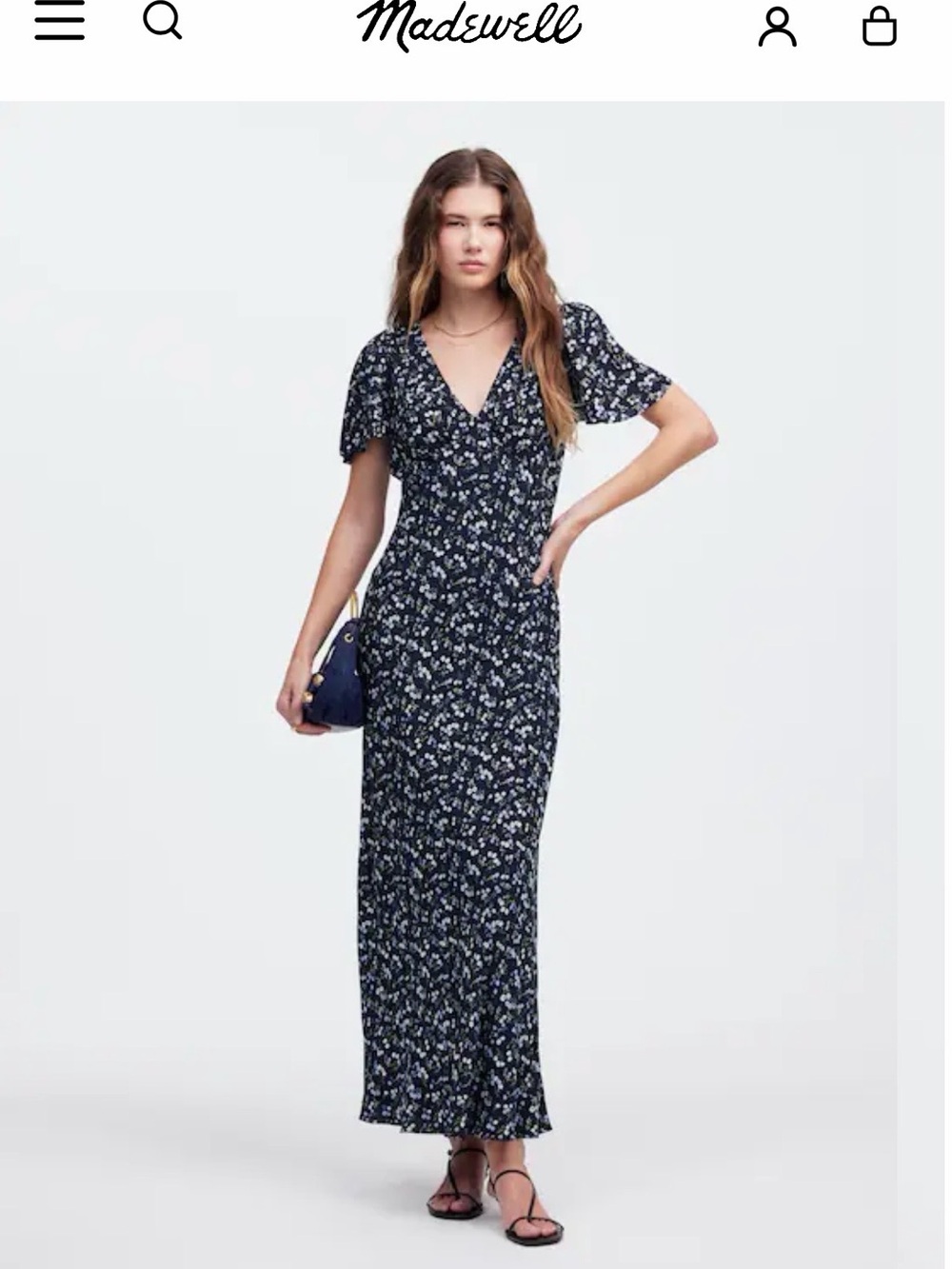 Madewell Navy Floral V-Neck Maxi with Short Sleeves